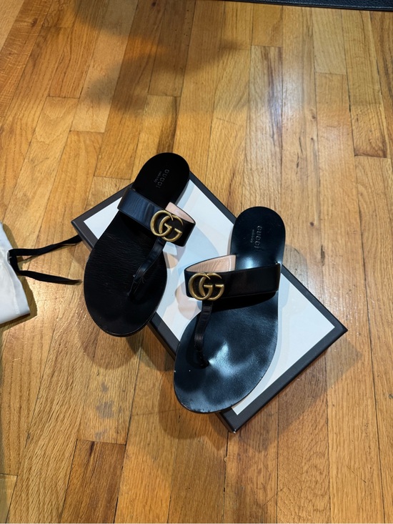 Gucci Shoes - Gucci Black Leather GG Thong Sandals with Gold Hardware
